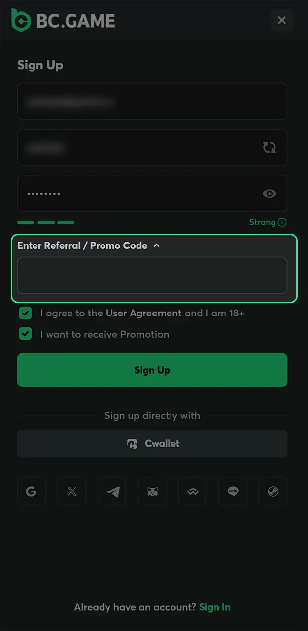Input your BC Game promo code during registration to unlock extra rewards for Aviator.