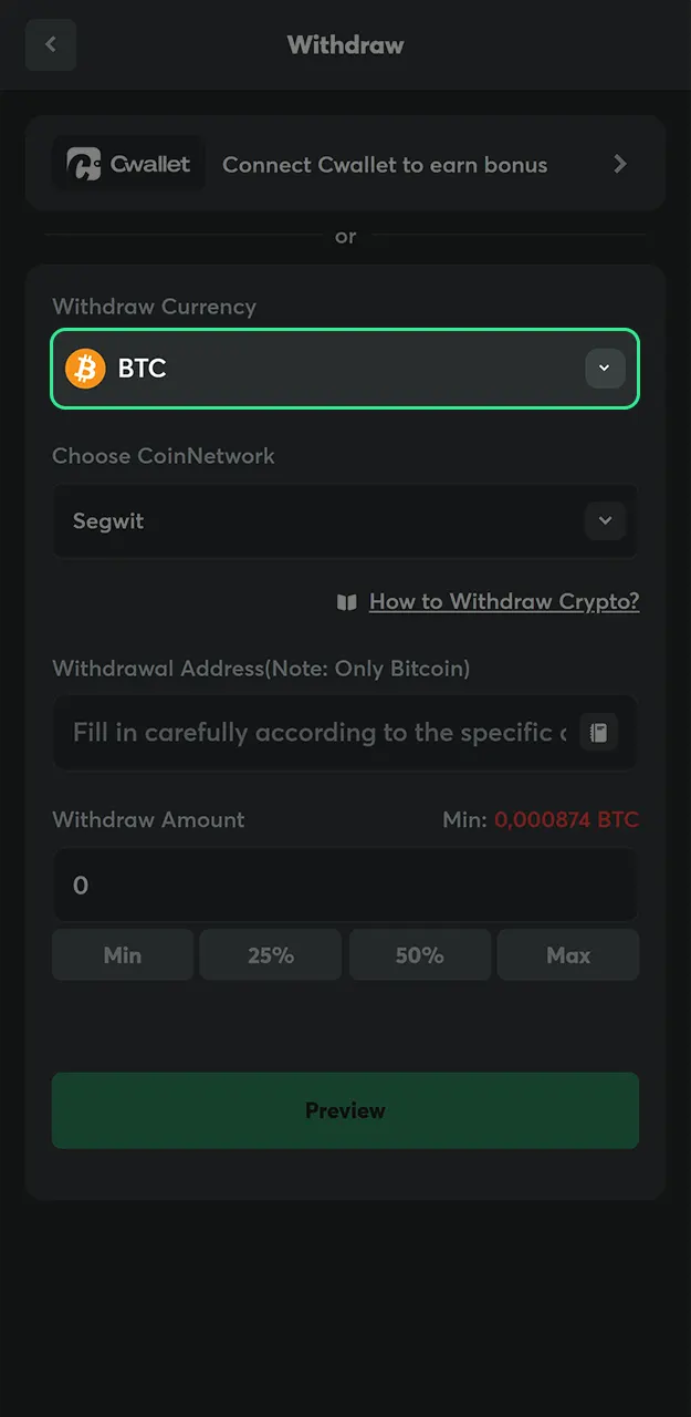 Select a method for withdrawing funds from BC Game.