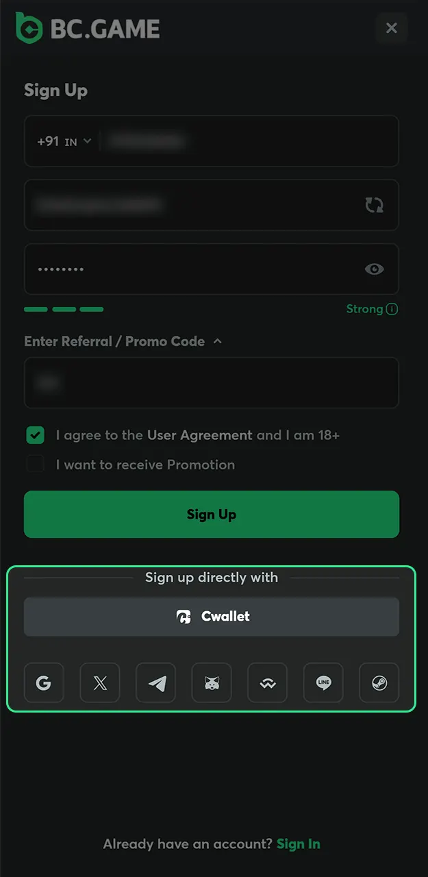 Use socials to quickly log in to BC Game and play Pinko.