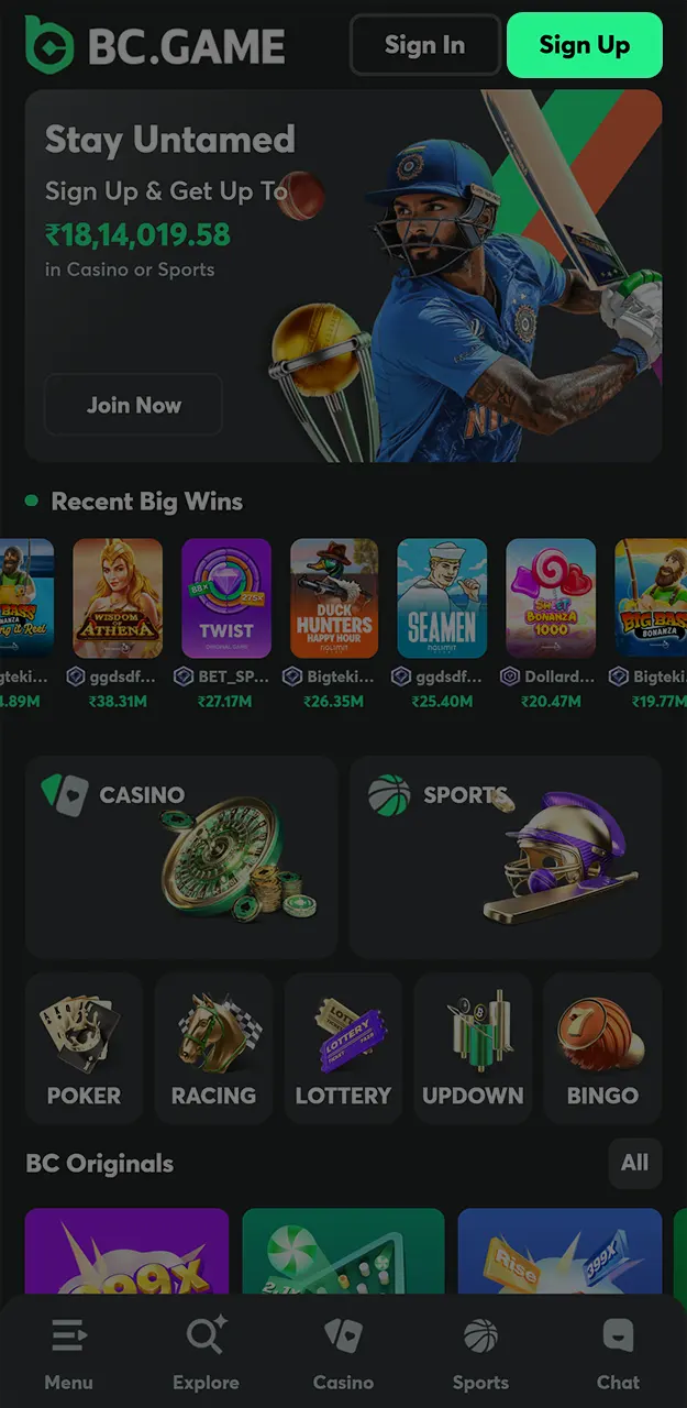 Launch the app and select the BC Game registration option.